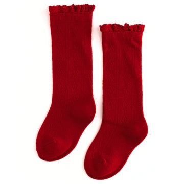 Bright Red Fancy Lace Top Knee High Socks