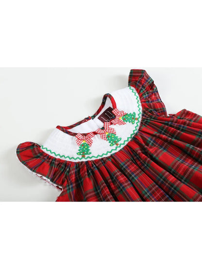 Red and Green Plaid Christmas Tree Smocked Bishop Dress