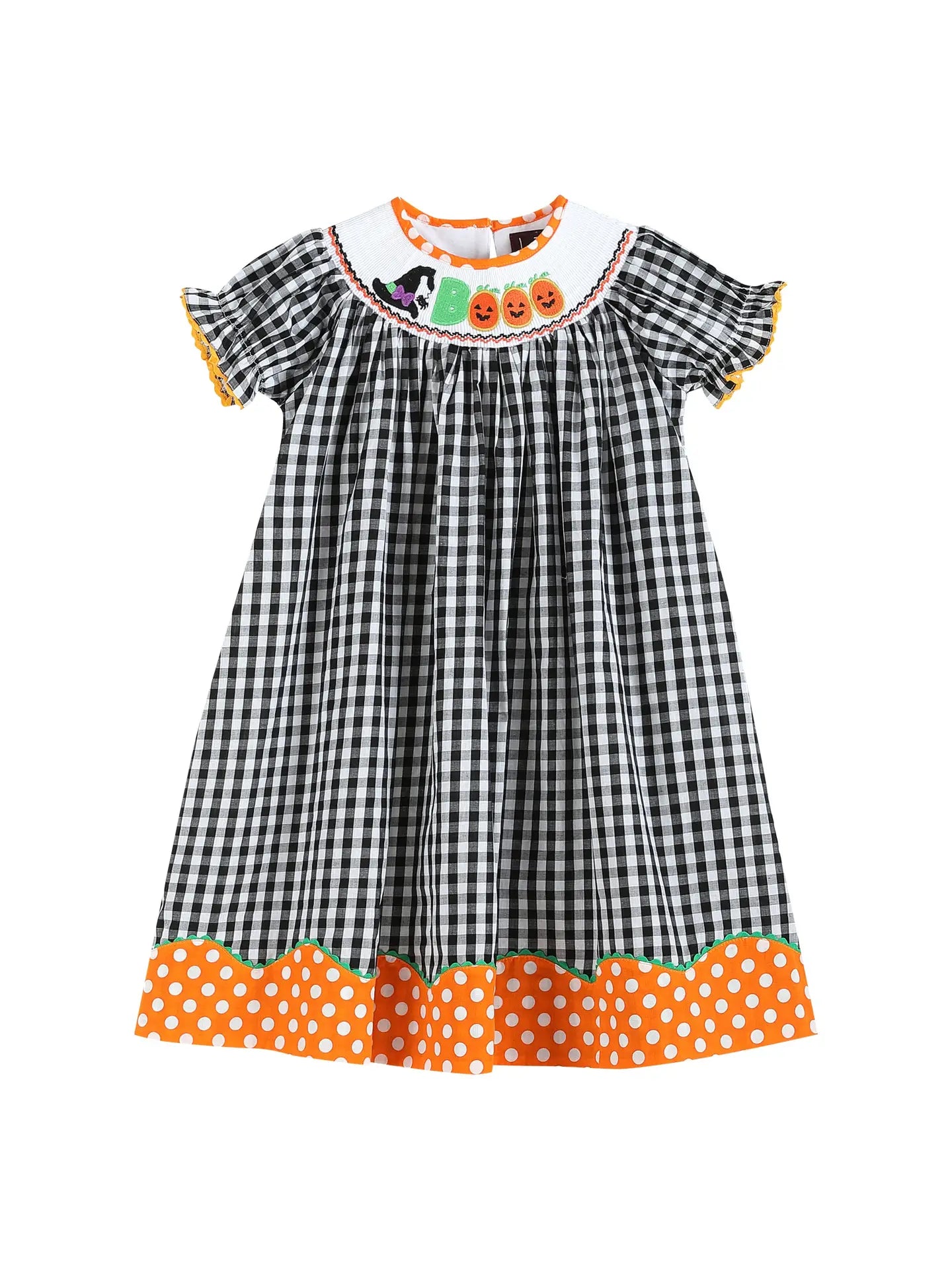 Black and Orange Gingham 'booo' Smocked Bishop Dress