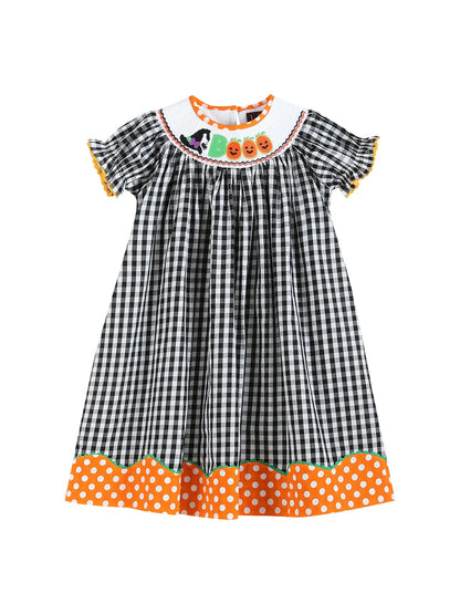 Black and Orange Gingham 'booo' Smocked Bishop Dress