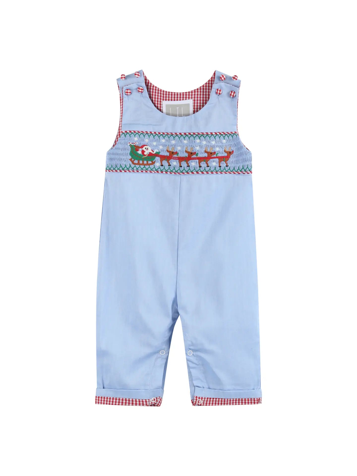 Light Blue Smocked Santa and Sleigh Overalls