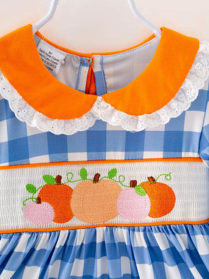 Blue Plaid Pumpkin Smocked Dress