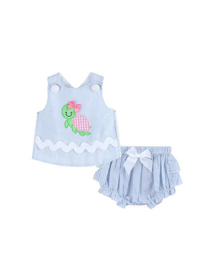 Light Blue Seersucker Turtle 2pc Bloomer Set