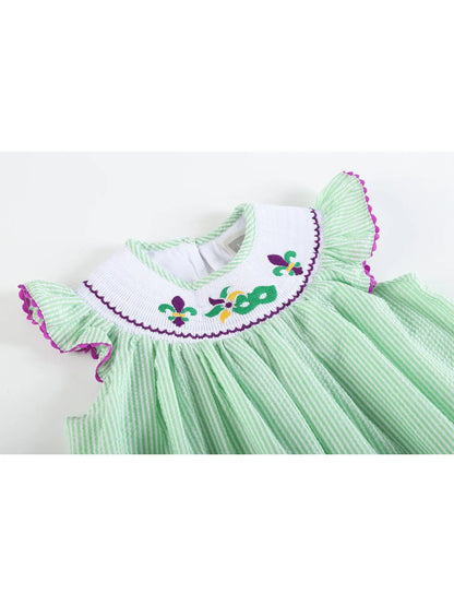 Green and Purple Mardi Gras Smocked Bishop Dress