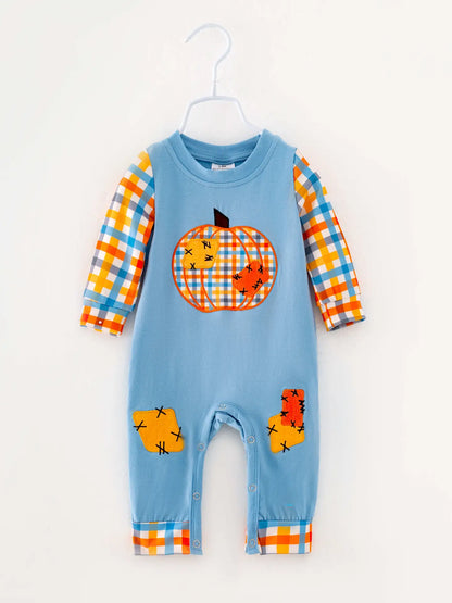 Blue Plaid Pumpkin Patch Boy Romper