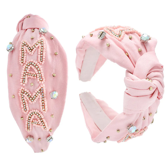 Pink Jeweled Beaded "Mama" Knotted Fabric Headband