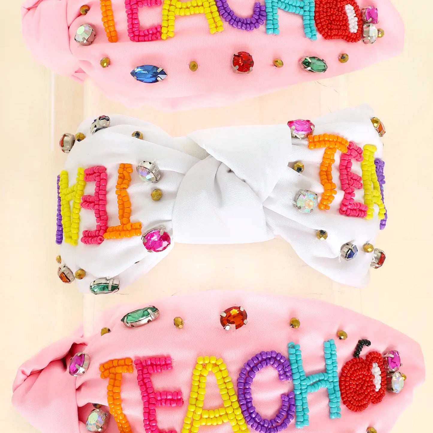 Pink Beaded "Teach" & Apple w/ Rhinestones Knotted Headband