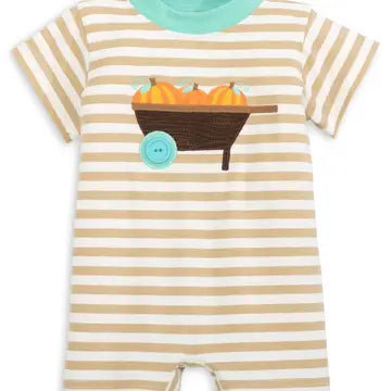 Pumpkin Harvest Tan Stripe Knit Romper with Wheelbarrow Applique