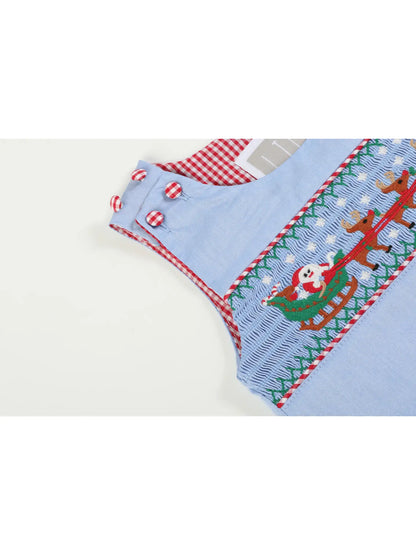 Light Blue Smocked Santa and Sleigh Overalls