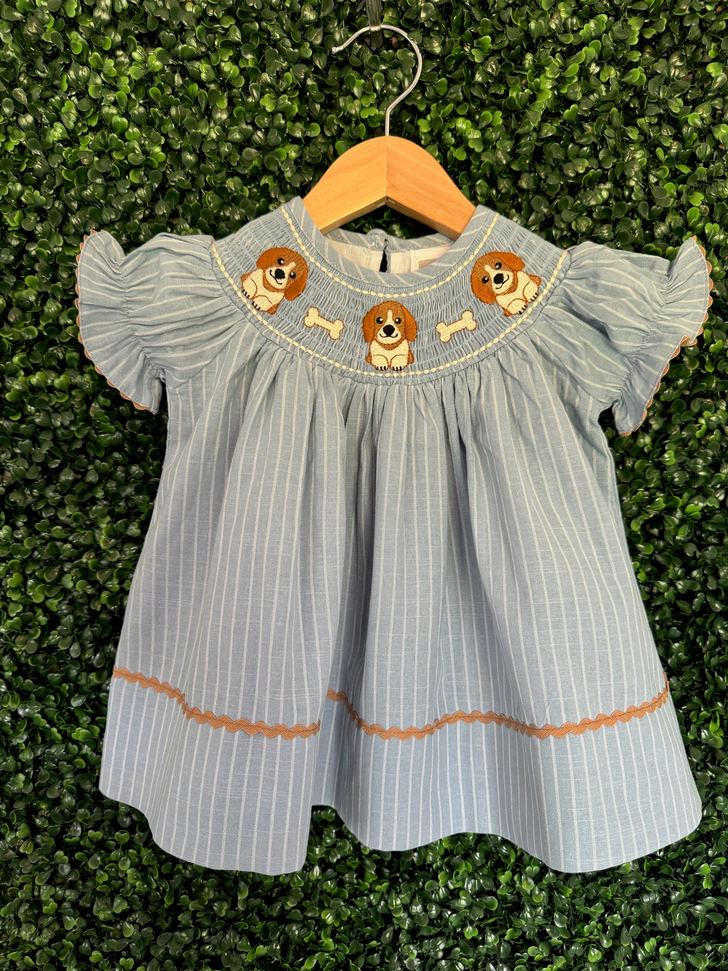 Light Blue Puppy Smocked Bishop Dress