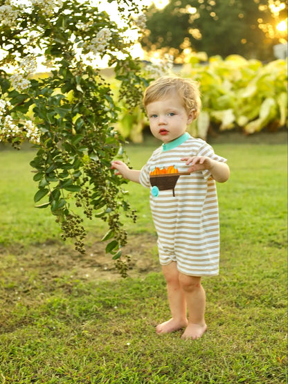 Pumpkin Harvest Tan Stripe Knit Romper with Wheelbarrow Applique