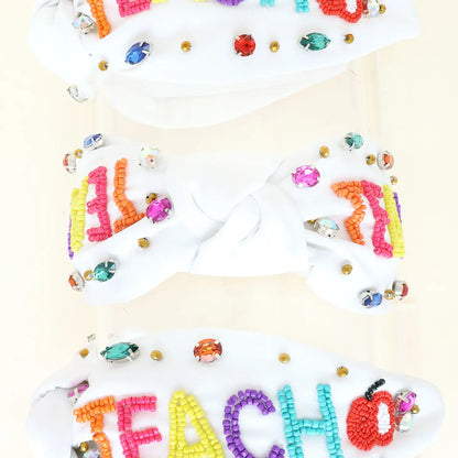 White Beaded "Teach" & Apple w/ Rhinestones Knotted Headband