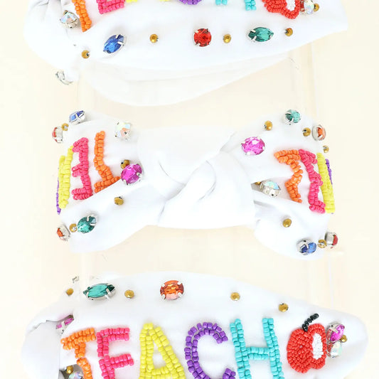 White Beaded "Teach" & Apple w/ Rhinestones Knotted Headband