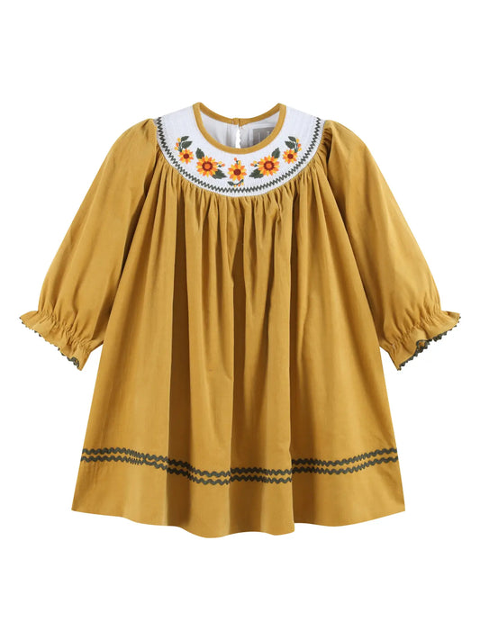 Gold Corduroy Sunflower Smocked Bishop Dress