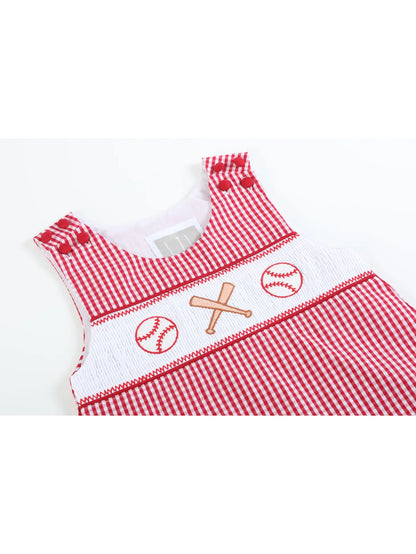 Red Gingham Baseball Smocked Shortalls