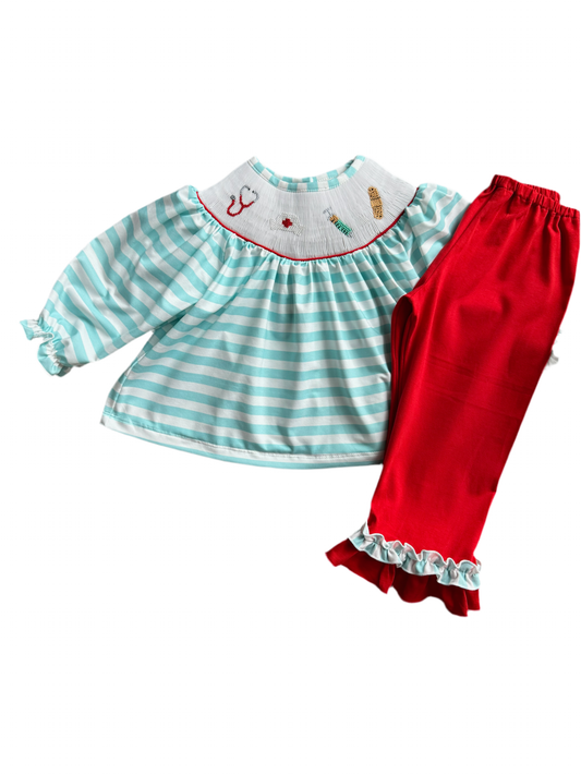 Nurse Smocked Long Sleeve Pant Set