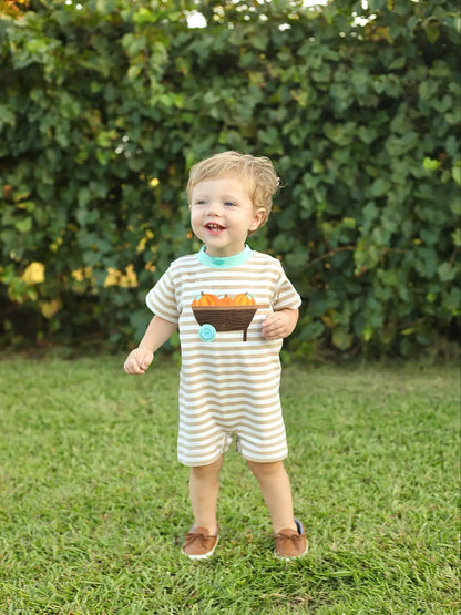 Pumpkin Harvest Tan Stripe Knit Romper with Wheelbarrow Applique