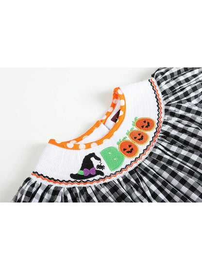 Black and Orange Gingham 'booo' Smocked Bishop Dress