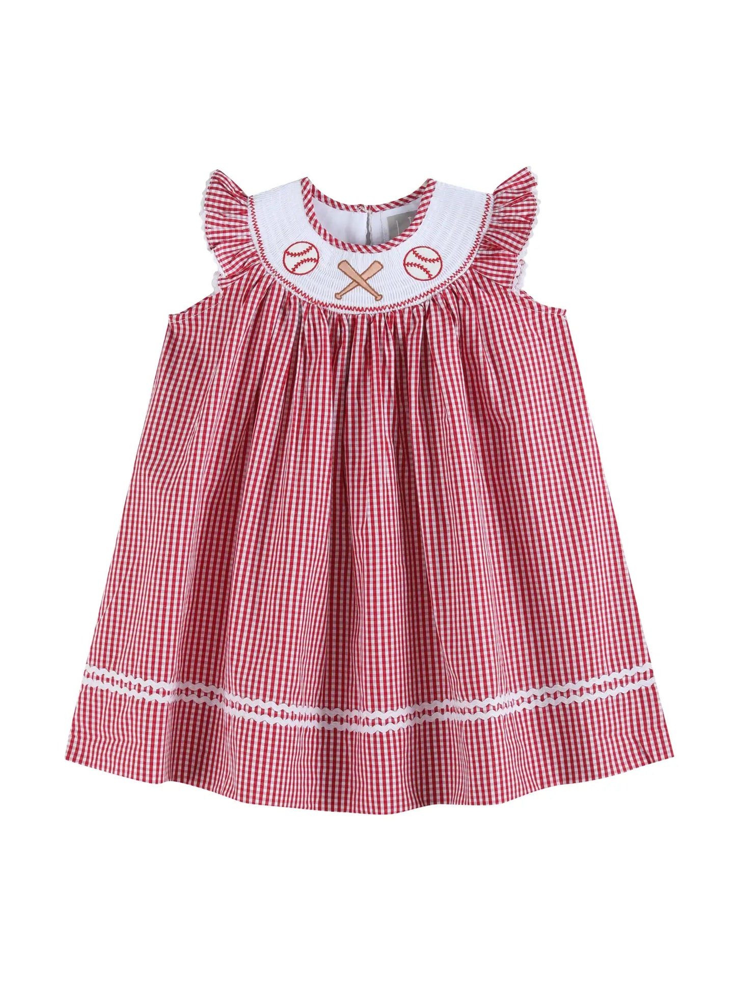 Red Gingham Baseball Smocked Bishop Dress