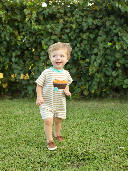 Pumpkin Harvest Tan Stripe Knit Romper with Wheelbarrow Applique