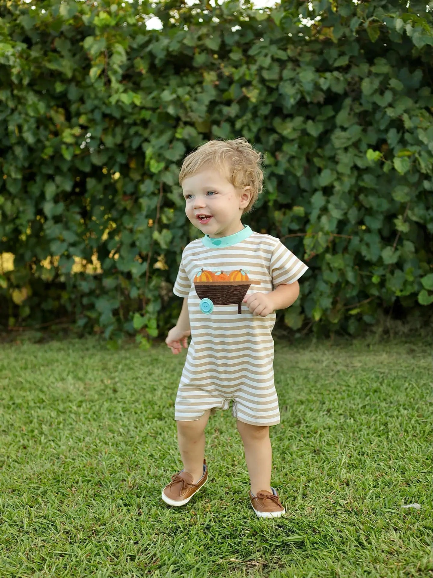 Pumpkin Harvest Tan Stripe Knit Romper with Wheelbarrow Applique