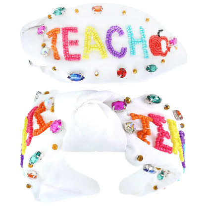 White Beaded "Teach" & Apple w/ Rhinestones Knotted Headband