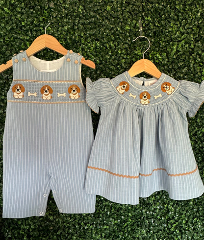 Light Blue Puppy Smocked Bishop Dress