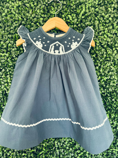 Navy Blue Nativity Smocked Christmas Dress