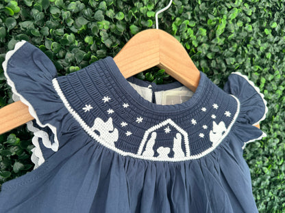 Navy Blue Nativity Smocked Christmas Dress