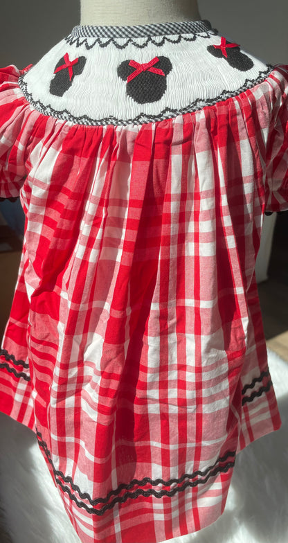 Smocked Mouse Dress with Red Check