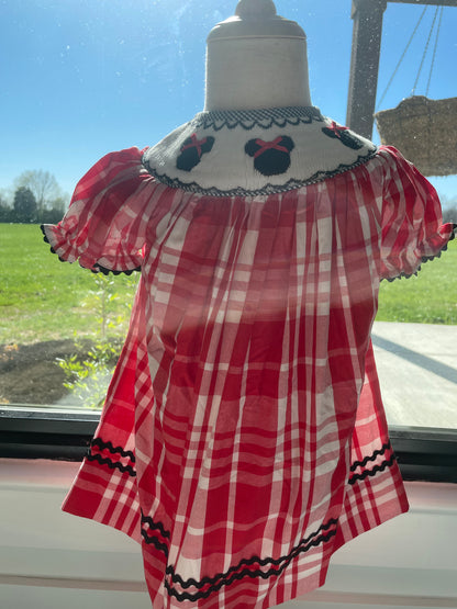 Smocked Mouse Dress with Red Check