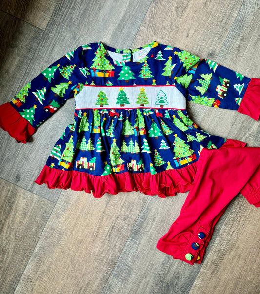 Christmas Tree Smocked Pants Set