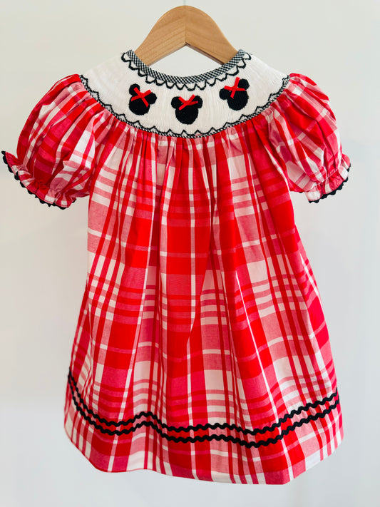 Smocked Mouse Dress with Red Check