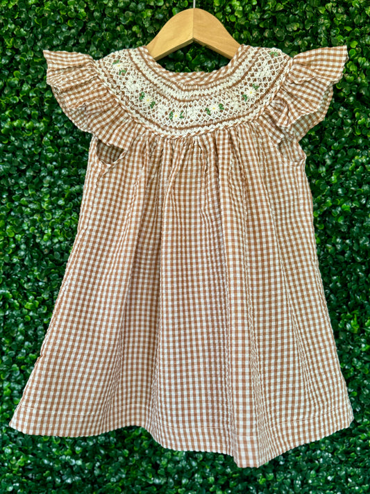 Brown Gingham Flower Smocked Bubble and Dress