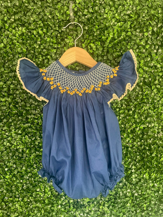 Navy Sunflower Smocked Bubble and Dress