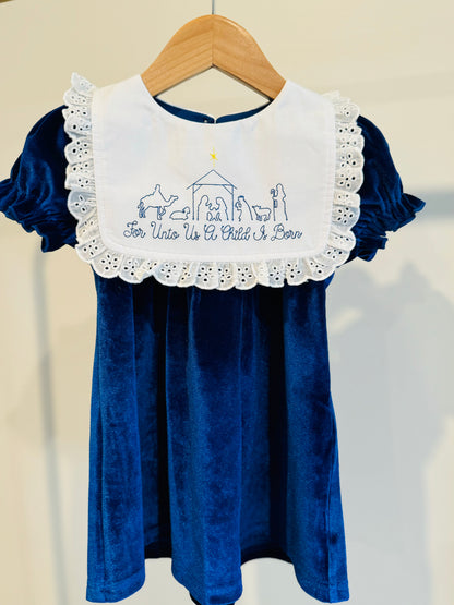 A Child Is Born Embroidered Blue Velvet Dress