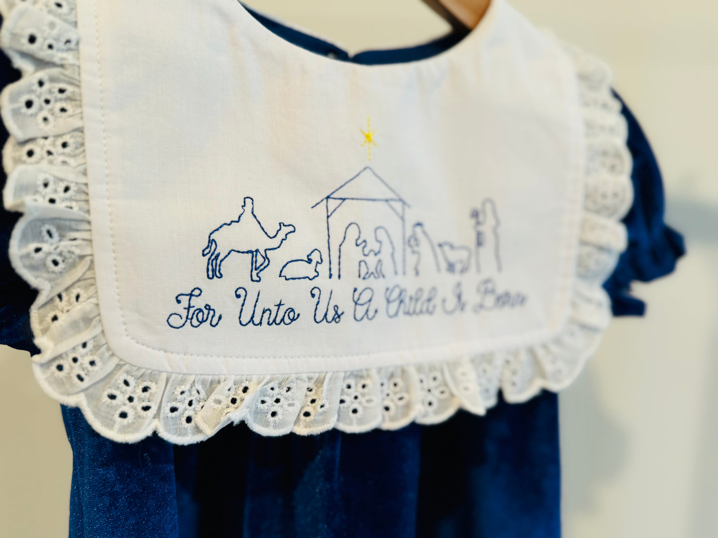 A Child Is Born Embroidered Blue Velvet Dress