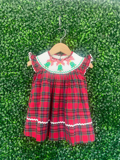 Red and Green Plaid Christmas Tree Smocked Bishop Dress