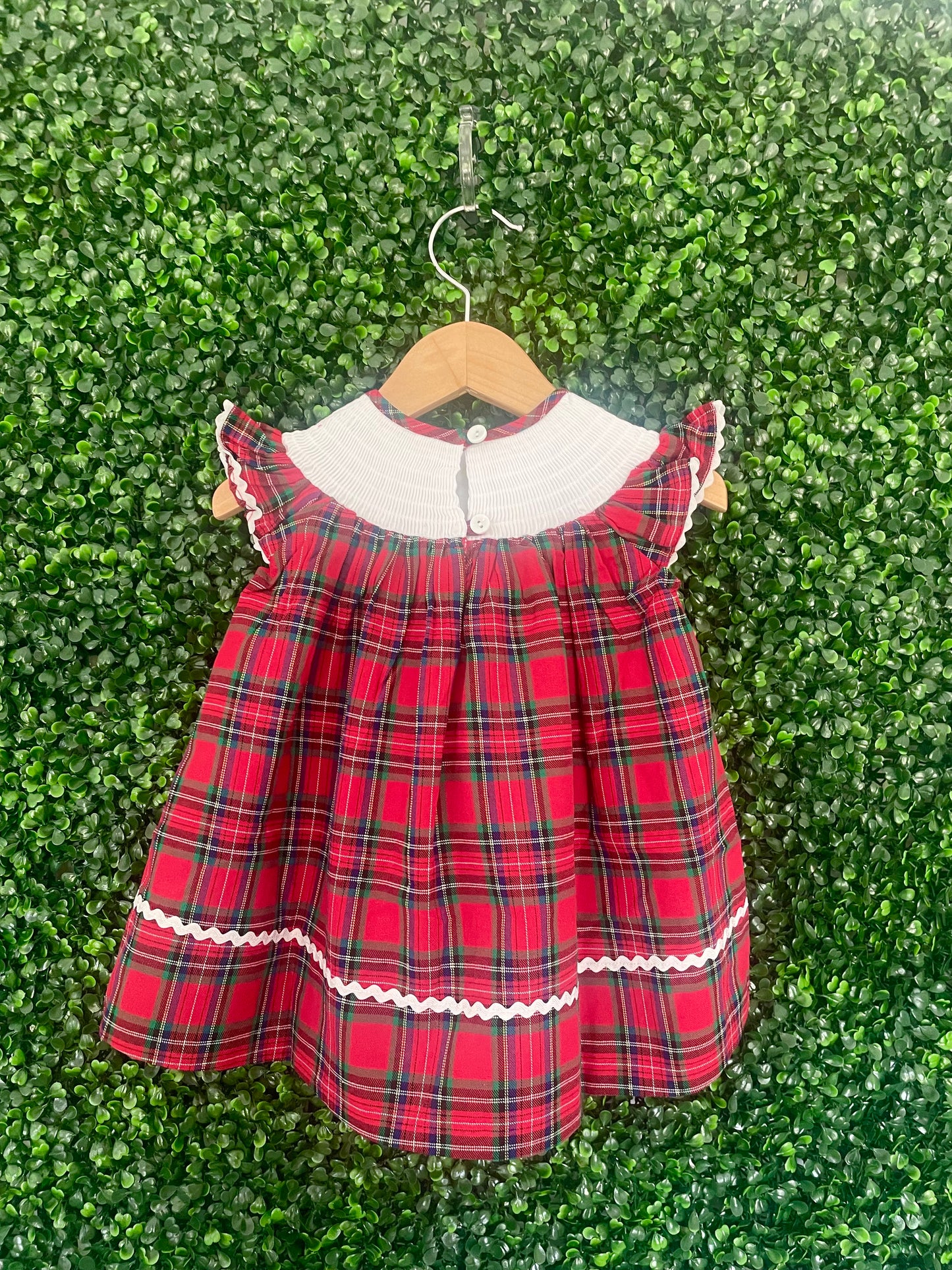 Red and Green Plaid Christmas Tree Smocked Bishop Dress