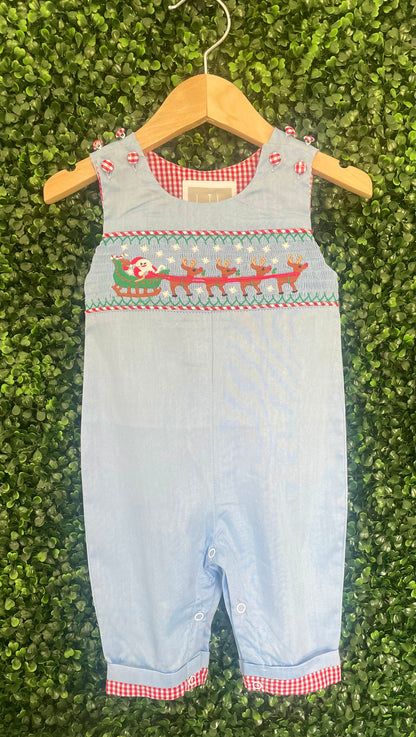 Light Blue Smocked Santa and Sleigh Overalls