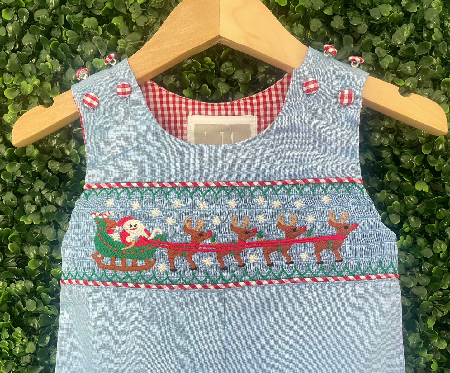 Light Blue Smocked Santa and Sleigh Overalls