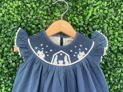 Navy Blue Nativity Smocked Christmas Dress