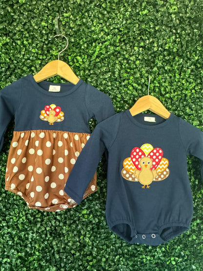 Navy Blue Turkey Appliqué Girls Bubble