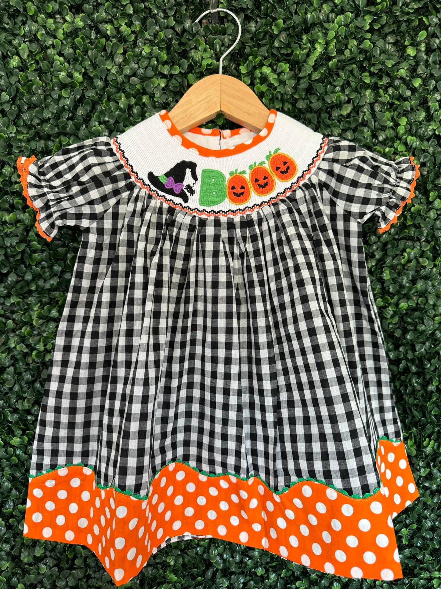 Black and Orange Gingham 'booo' Smocked Bishop Dress