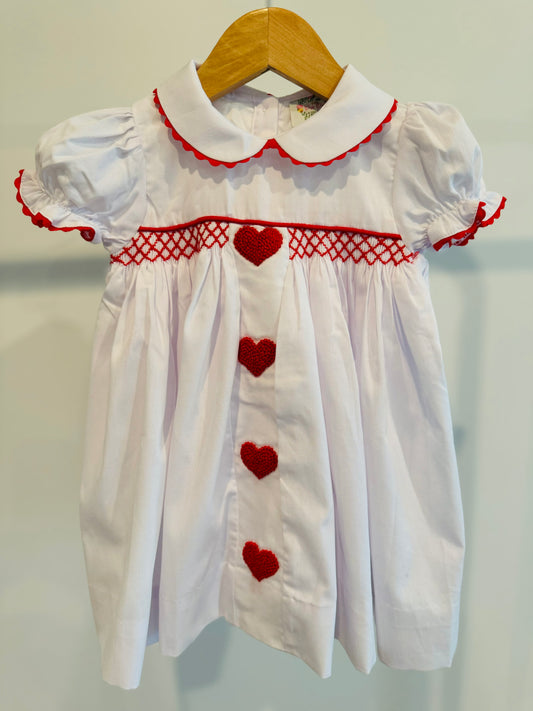 White with Red Hearts Smocked Dress