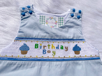 Blue Birthday Boy Smocked Shortalls