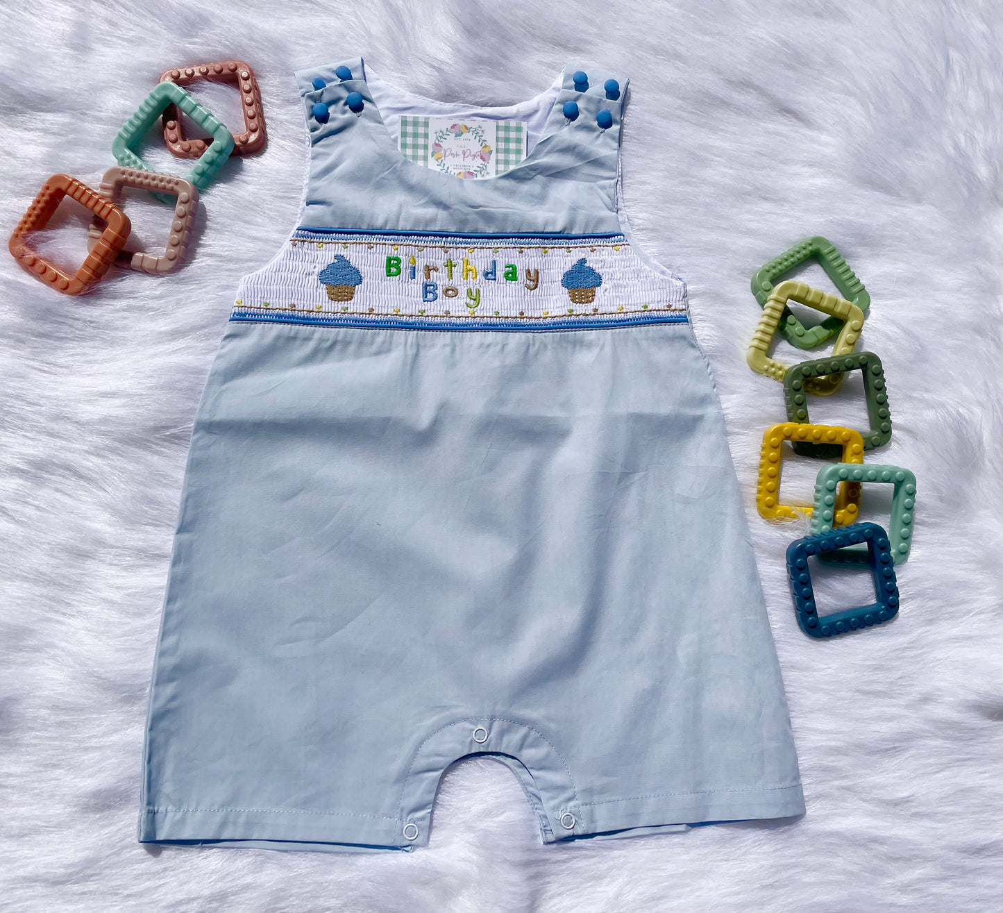 Blue Birthday Boy Smocked Shortalls