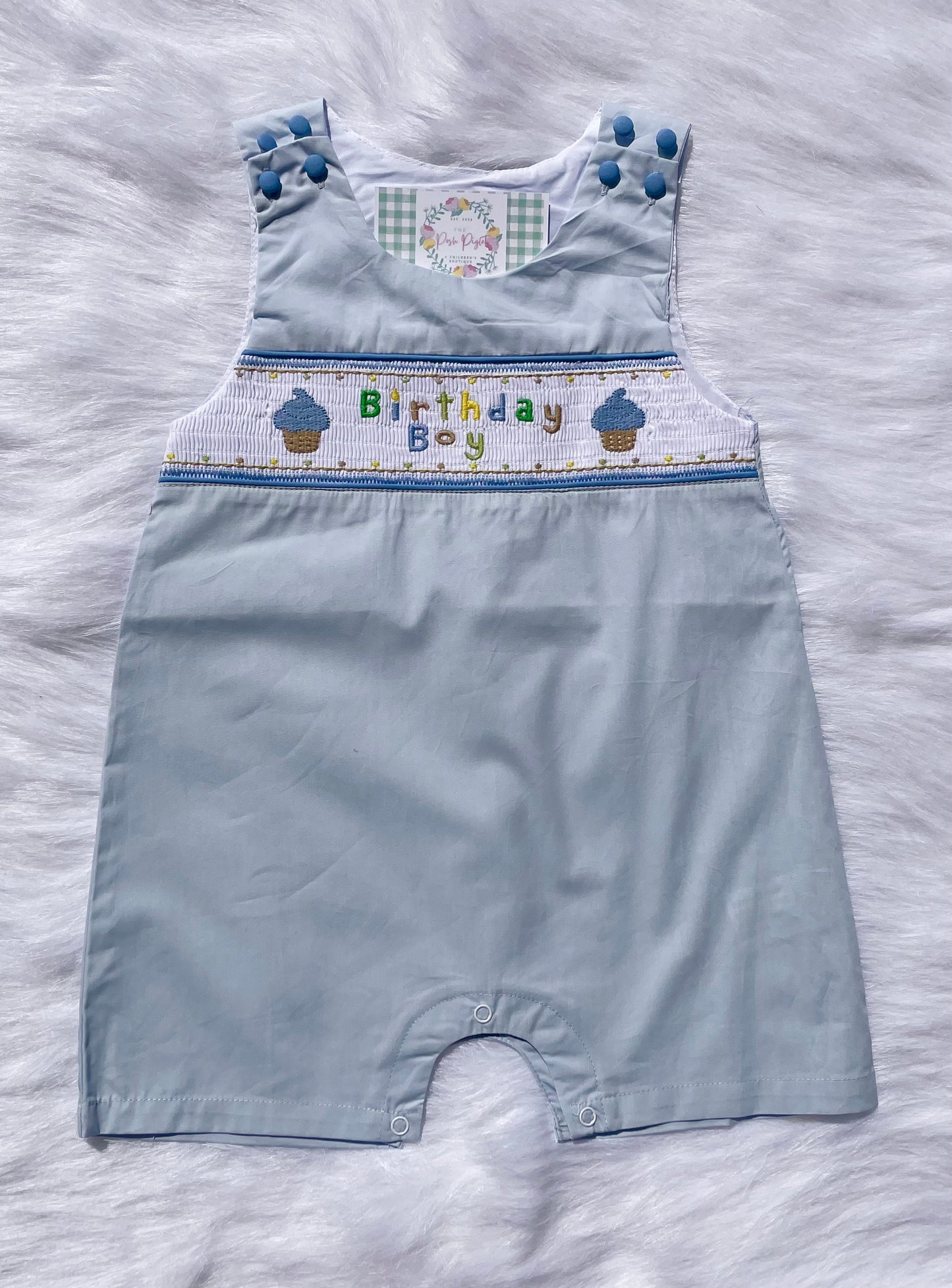 Blue Birthday Boy Smocked Shortalls