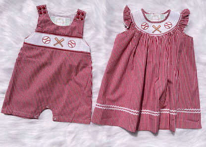 Red Gingham Baseball Smocked Bishop Dress