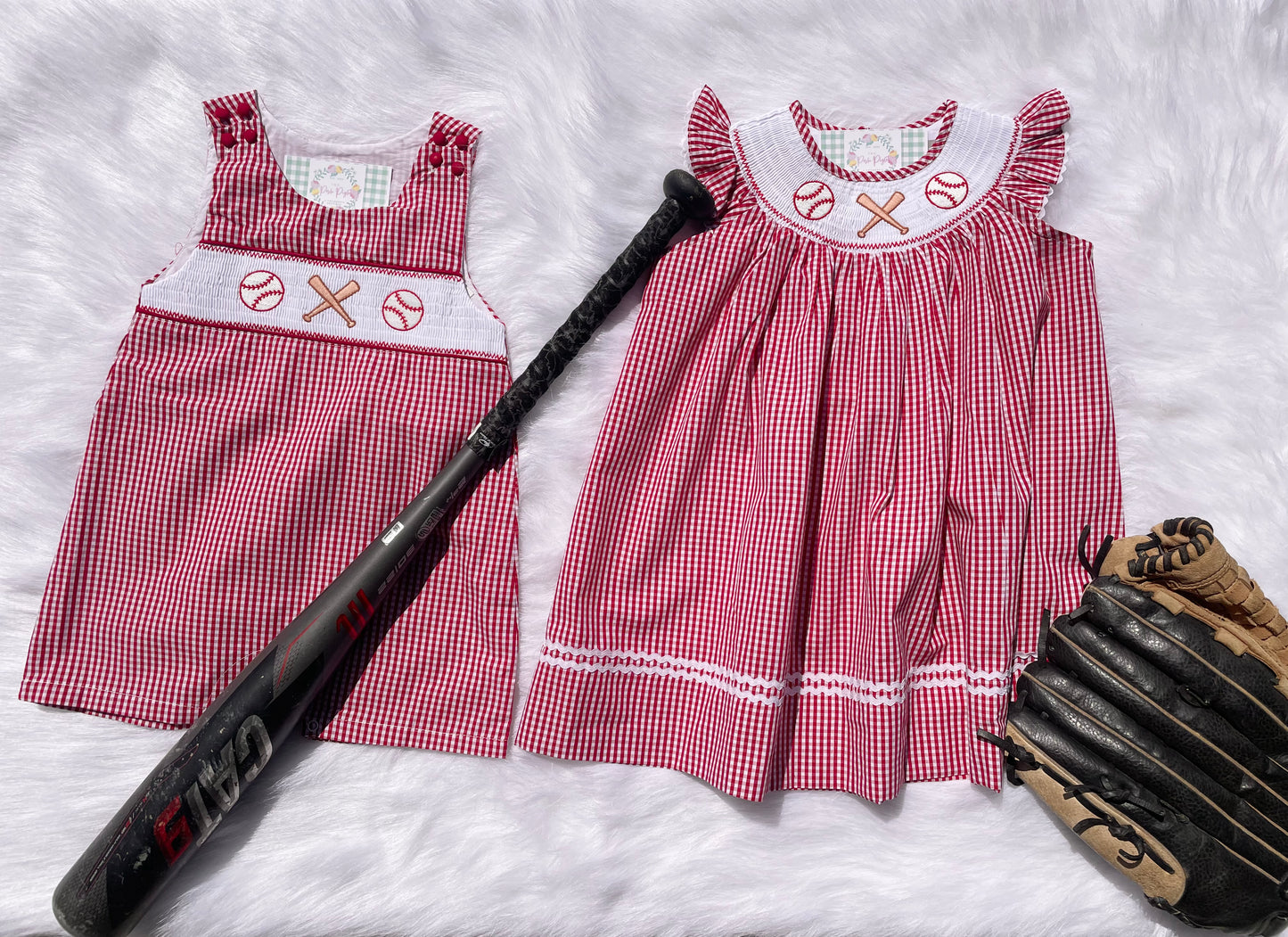 Red Gingham Baseball Smocked Bishop Dress